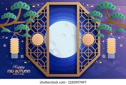 Mid autumn festival paper art style with full moon, moon cake, chinese lantern and rabbits on background.