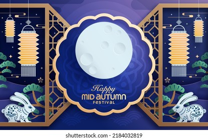 Mid autumn festival paper art style with full moon, moon cake, chinese lantern and rabbits on background.