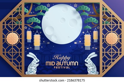 Mid autumn festival paper art style with full moon, moon cake, chinese lantern and rabbits on background.