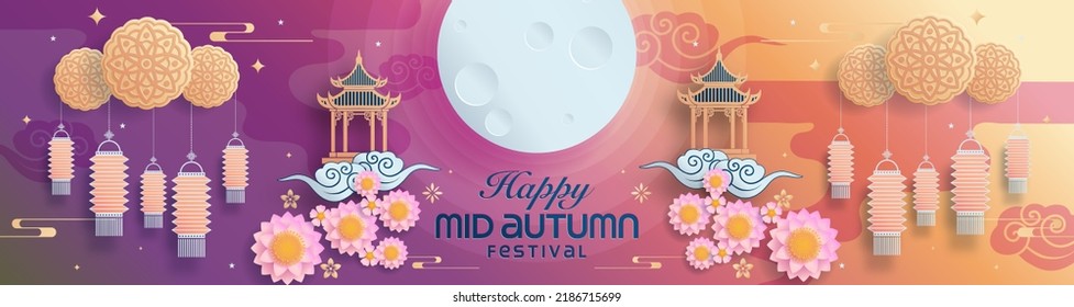 Mid autumn festival paper art style with full moon, moon cake, chinese lantern and rabbits on background.