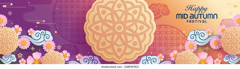 Mid autumn festival paper art style with full moon, moon cake, chinese lantern and rabbits on background.
