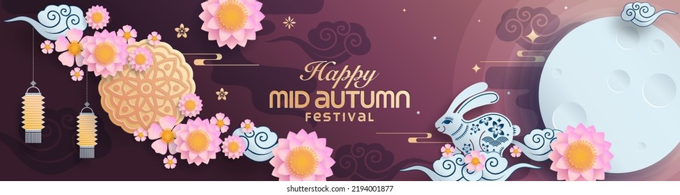 Mid autumn festival paper art style with full moon, moon cake, chinese lantern and rabbits on background.