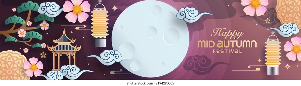 Mid autumn festival paper art style with full moon, moon cake, chinese lantern and rabbits on background.