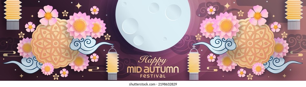 Mid autumn festival paper art style with full moon, moon cake, chinese lantern and rabbits on background.