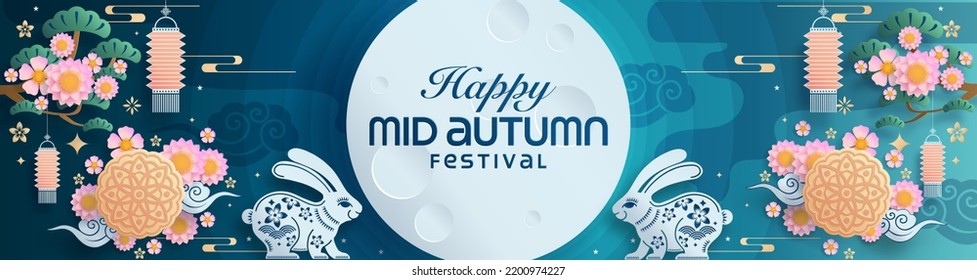 Mid autumn festival paper art style with full moon, moon cake, chinese lantern and rabbits on background.