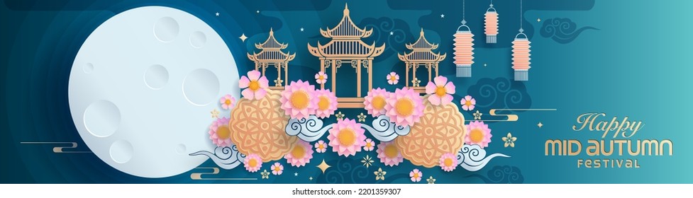 Mid autumn festival paper art style with full moon, moon cake, chinese lantern and rabbits on background.