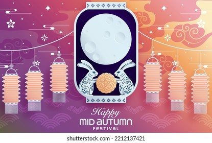 Mid autumn festival paper art style with full moon, moon cake, chinese lantern and rabbits on background.