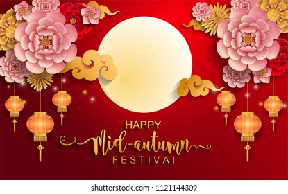 Mid Autumn Festival with paper cut art and craft style on color Background.
