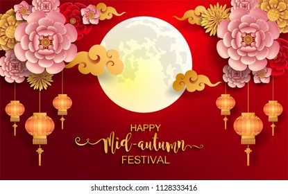 Mid Autumn Festival with paper cut art and craft style on color Background.