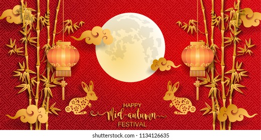 Mid Autumn Festival with paper cut art and craft style on color Background.