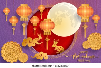 Mid Autumn Festival with paper cut art and craft style on color Background.