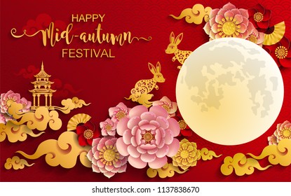 Mid Autumn Festival with paper cut art and craft style on color Background.