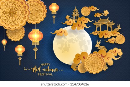 Mid Autumn Festival with paper cut art and craft style on color Background.