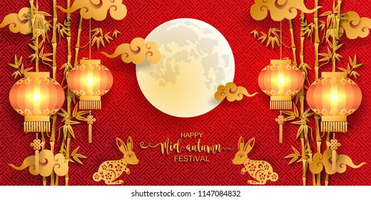 Mid Autumn Festival with paper cut art and craft style on color Background.