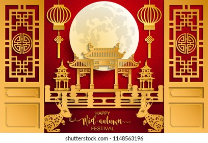 Mid Autumn Festival with paper cut art and craft style on color Background.