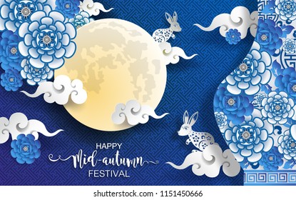 Mid Autumn Festival with paper cut art and craft style on color Background.