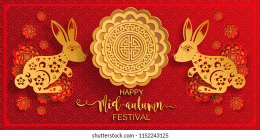 Mid Autumn Festival with paper cut art and craft style on color Background.