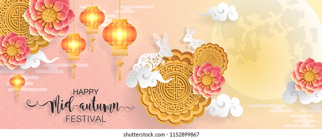 Mid Autumn Festival with paper cut art and craft style on color Background.