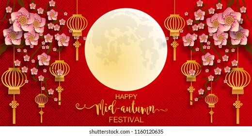 Mid Autumn Festival with paper cut art and craft style on color Background.