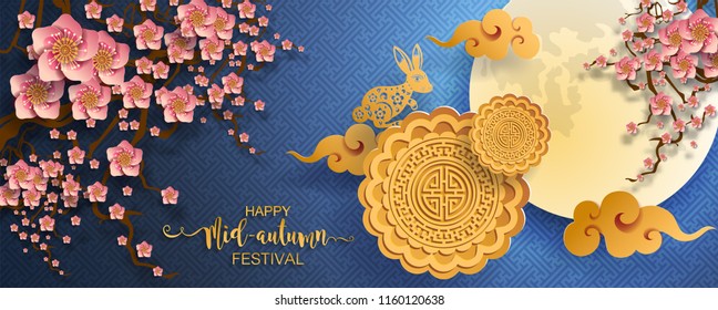 Mid Autumn Festival with paper cut art and craft style on color Background.