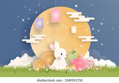 Mid Autumn Festival with paper cut style vector illustration.