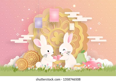 Mid Autumn Festival with paper cut style vector illustration.