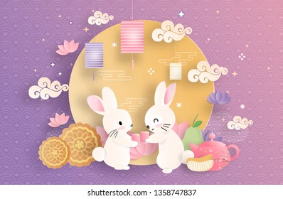 Mid Autumn Festival with paper cut style vector illustration.
