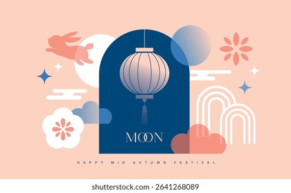 Mid Autumn Festival poster, banner, cover design, vector illustration with rabbit, lantern, moon in modern geometric style.