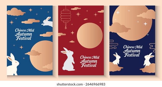 Mid Autumn Festival poster, card, banner design with rabbits and full moon, Chinese Mid-Autumn Festival and Korean Chuseok geometric vertical backgrounds set simple and trendy.