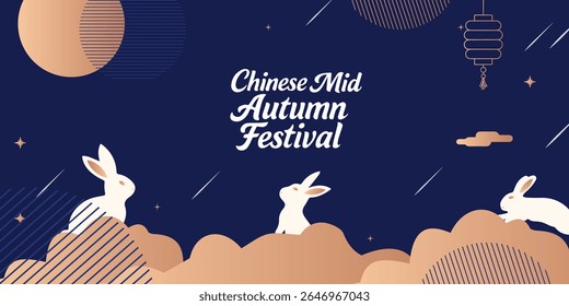 Mid Autumn Festival poster, card, banner design with rabbits and full moon, Chinese Mid-Autumn Festival and Korean Chuseok geometric vertical backgrounds set simple and trendy.