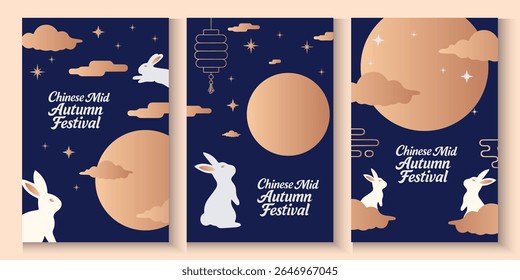 Mid Autumn Festival poster, card, banner design with rabbits and full moon, Chinese Mid-Autumn Festival and Korean Chuseok geometric vertical backgrounds set simple and trendy.