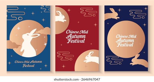 Mid Autumn Festival poster, card, banner design with rabbits and full moon, Chinese Mid-Autumn Festival and Korean Chuseok geometric vertical backgrounds set simple and trendy.