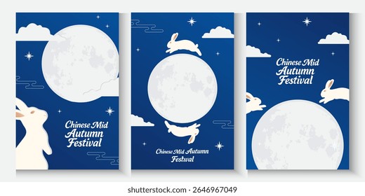 Mid Autumn Festival poster, card, banner design with rabbits and full moon, Chinese Mid-Autumn Festival and Korean Chuseok geometric vertical backgrounds set simple and trendy.