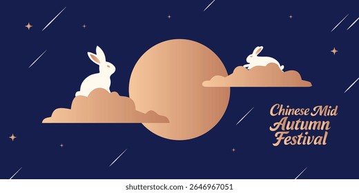 Mid Autumn Festival poster, card, banner design with rabbits and full moon, Chinese Mid-Autumn Festival and Korean Chuseok geometric vertical backgrounds set simple and trendy.