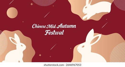 Mid Autumn Festival poster, card, banner design with rabbits and full moon, Chinese Mid-Autumn Festival and Korean Chuseok geometric vertical backgrounds set simple and trendy.