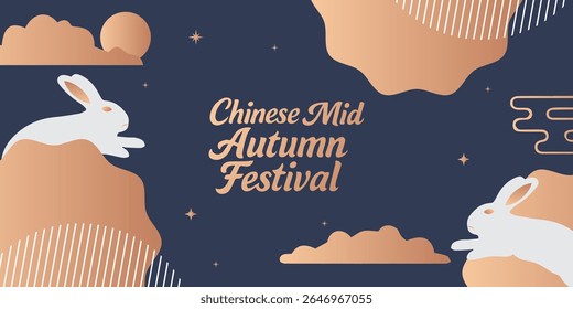 Mid Autumn Festival poster, card, banner design with rabbits and full moon, Chinese Mid-Autumn Festival and Korean Chuseok geometric vertical backgrounds set simple and trendy.
