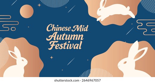 Mid Autumn Festival poster, card, banner design with rabbits and full moon, Chinese Mid-Autumn Festival and Korean Chuseok geometric vertical backgrounds set simple and trendy.