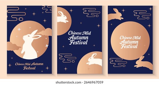 Mid Autumn Festival poster, card, banner design with rabbits and full moon, Chinese Mid-Autumn Festival and Korean Chuseok geometric vertical backgrounds set simple and trendy.