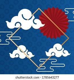 mid autumn festival poster with clouds frame vector illustration design
