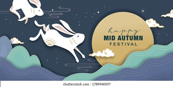 Mid autumn festival poster design with two rabbits and mountain background. 