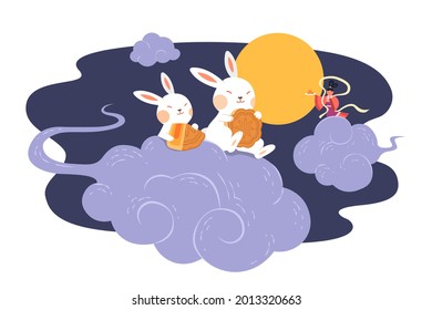 Mid autumn festival poster design with the rabbit character. Flat illustration of jade rabbits eating mooncakes and watching full moon on clouds in night sky