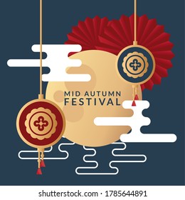 mid autumn festival poster with moon and fan vector illustration design