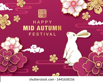 Mid Autumn Festival poster with rabbits and flowers