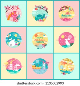 Mid autumn festival posters in circle forms. Sakura branches and lanterns night full moon and rabbits. Stork and typical Chinese buildings set vector