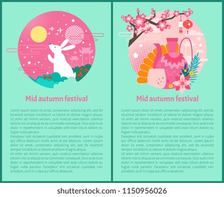 Mid autumn festival posters set. Bunny rabbit and flowers in sky. Architectural type of China teapot cup and hand fan. Sakura tree blooming vector