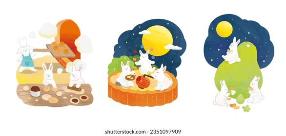 Ilustraciones de la preparación del festival de mediados de otoño aisladas en fondo blanco. Los conejos se hacen tortas de luna, pintan linternas y malabarismos, y miran la luna con pomelo gigante.