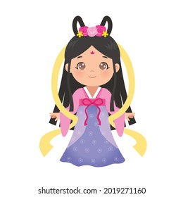 Mid autumn festival princess Chang-e clip art. Flat vector cartoon style