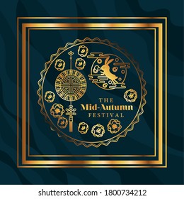 Mid autumn festival with rabbit hanger and seal in gold frame on blue background design, Oriental chinese and celebration theme Vector illustration