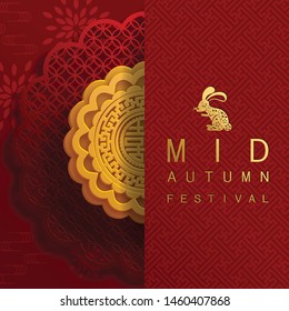 
Mid Autumn festival with rabbit and moon, mooncake ,flower,chinese lanterns with gold paper cut style on color Background. 
( Chinese Translation : Mid Autumn festival ) 