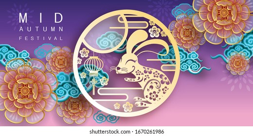 Mid Autumn festival with rabbit and moon, mooncake ,flower,chinese lanterns with gold paper cut style on color Background. ( Chinese Translation : Mid Autumn festival )